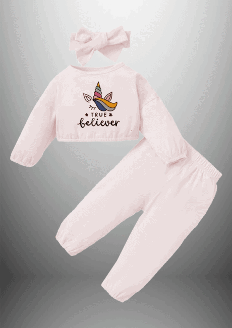 Girls Baby Pink Sweatshirt with cute print details and Pants set with matching headband-RKFCW305